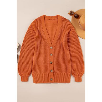 Gold Flame Button Front V Neck Chunky Cardigan Sweater
