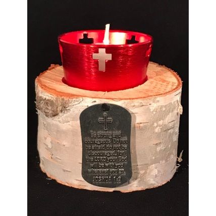 Joshua 1:9 Cross Votive Holder and Medal on a Birch Candle Holder