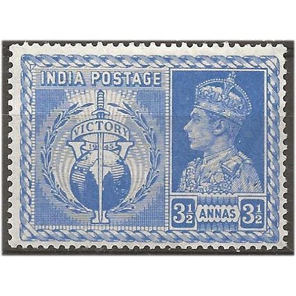 India 1946 SG280 3 1/2a Bright Blue Victory Mounted Mint . .. .