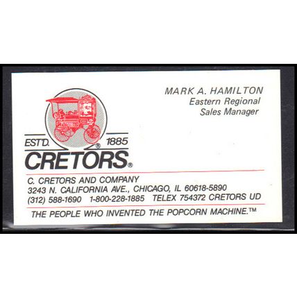 Business Card CRETORS InEventor of the Popcorn Machine Box0542