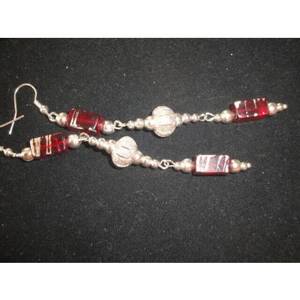 Exceptional red and silver colour long drop crystal glass earrings