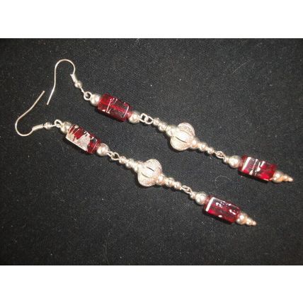 Exceptional red and silver colour long drop crystal glass earrings