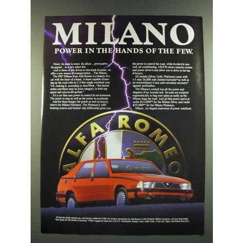 1987 Alfa Romeo Milano Car Ad - In the Hands of the Few
