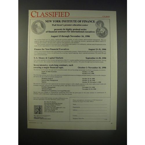 1990 New York Institute of Finance International Seminars Ad - Classified