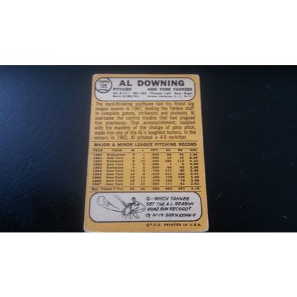 1968 Topps Card # 105 Al Downing Good (2) New York Yankees