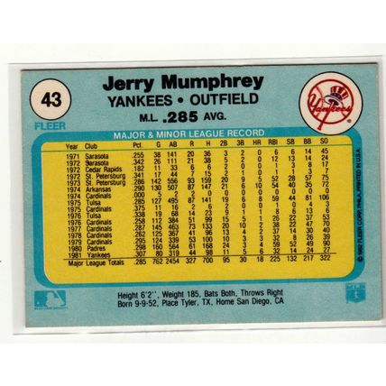 1982 Fleer baseball card 43 Jerry Mumphrey- Yankees