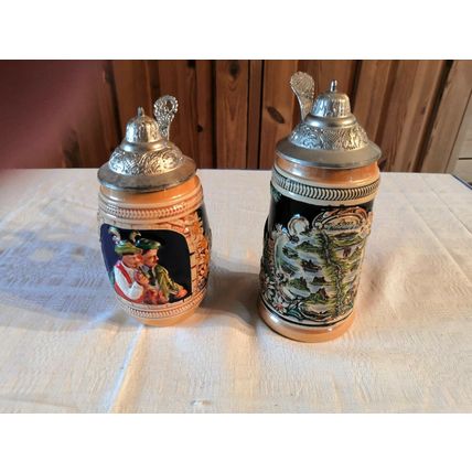 2 x Vintage, West German, Stoneware, Beer Steins, Pewter Lids, Decorative