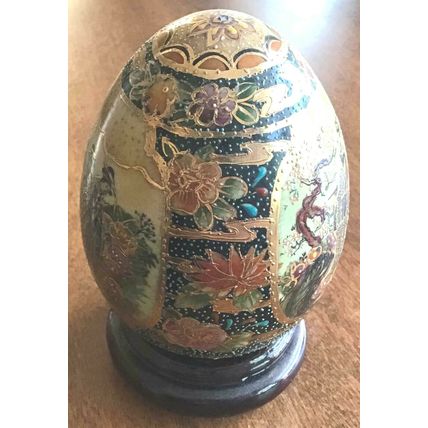 Oriental porcelain Egg hand painted with stand with 3 Geisha Girls