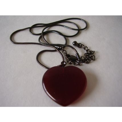 Vintage Necklace Moonglow Heart Dark Ruby Red Satin Glass Pendant 20" Chain