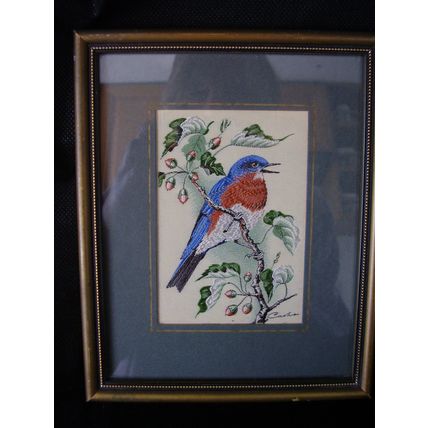 Vintage J & J Cash Bluebird Silk Embroidered Framed Picture signed Bird Portrait