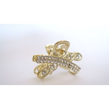 Small mini gold metal crystal crossed hair claw clip