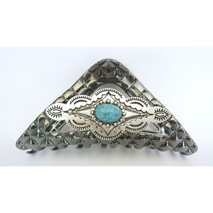Large dark triangle silver turquoise blue design metal native tribal hair claw