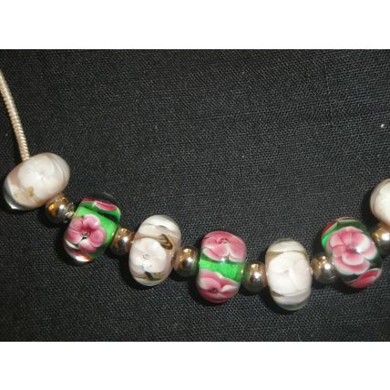 2 sets of contrasting handmade glass lampwork beads on snake chain necklace