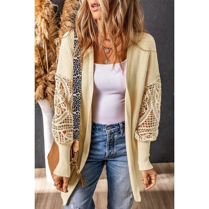 Apricot Crochet Lace Sleeve Ribbed Knit Cardigan