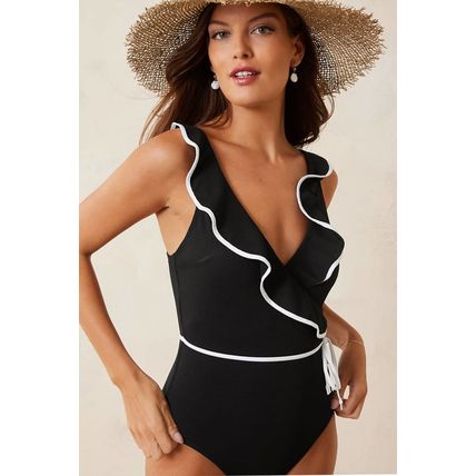 Black Color Contrast Ruffled Wrap V Neck Swimsuit
