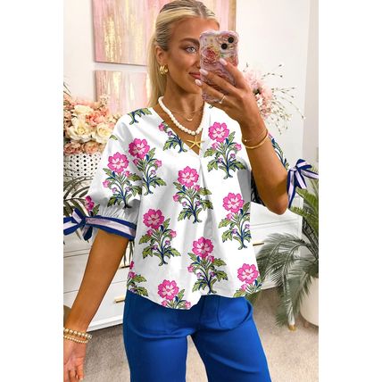 White Floral Colorblock Stripe Knot Bubble Sleeve V Neck Blouse