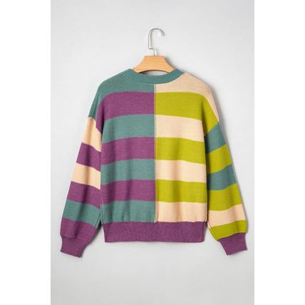 Green Stripe Drop Shoulder Ribbed Edge Casual Sweater