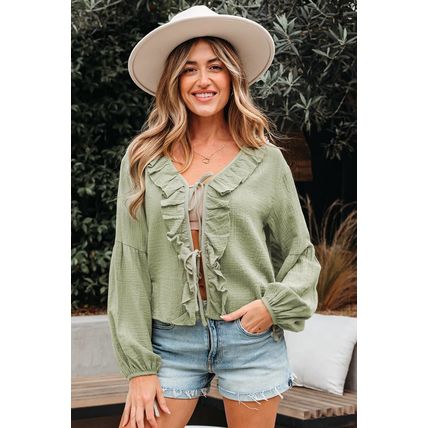 Meadow Mist Green Bow Tie Front Ruffle Trim V Neck Long Sleeve Gauze Blouse
