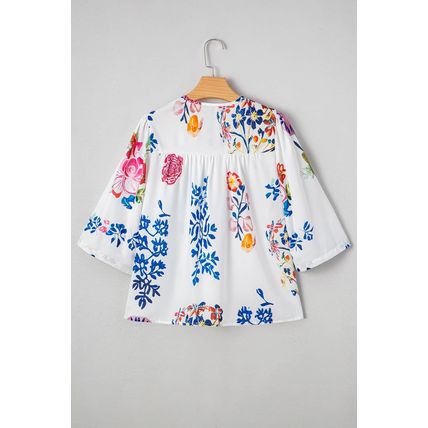 White Floral Print Tassel Tie Bracelet Sleeve Flowy Blouse