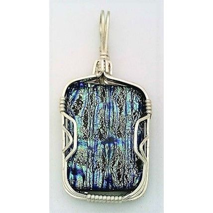 Blue Dichroic Glass Sterling Silver Wire Wrap Pendant 4