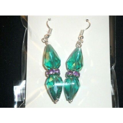 double crystal glass dark green faceted peardrop & purple earrings