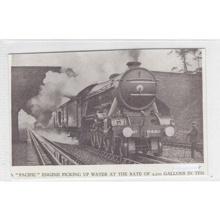 A 'Pacific'engine picking up water Reproduction Postcard unused VGC