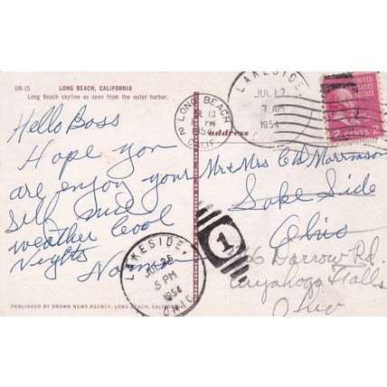1954 - Long Beach, CA - Postcard & Stamp - Lakeside, CA postmark