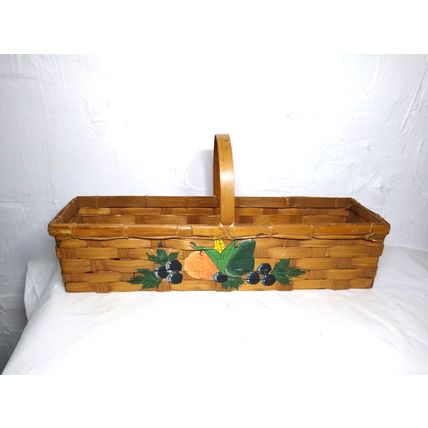 Light/Medium Brown Small Wicker Woven Band Rectangle Painted Berries/Corn/Basket