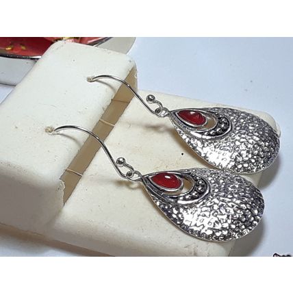 Teardrop Carnelian hammered Sterling Silver french drop shield Earrings #18673