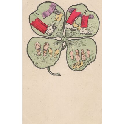 Irish Four Leaf Clover Of Old Fashioned Shoes Boots Antique Postcard