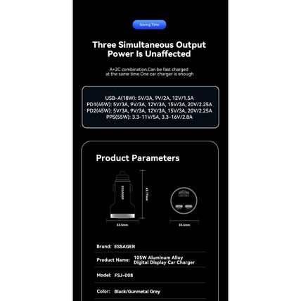 Essager Digital Fast Car Charger 105W Made for MacBook Lenovo Truck Lorry 12-24V