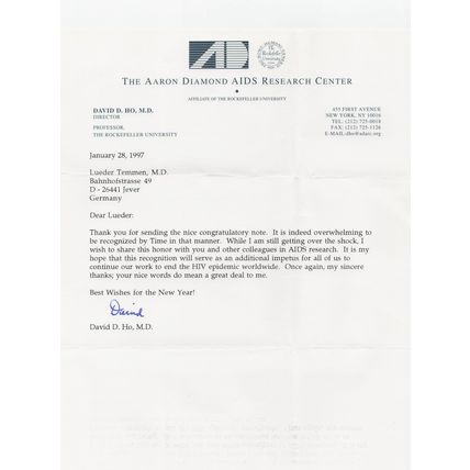 David Ho Taiwan Aids Researcher Virologist Hand Signed Letter