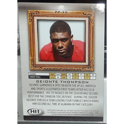 2019 Sage Hit DEIONTE THOMPSON (Alabama/Cardinals) Premium Portrait RC #PP-20