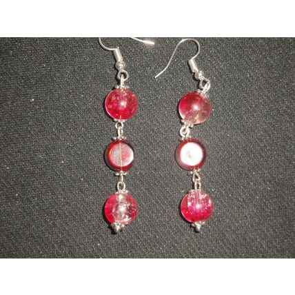 Vibrant pair large red & clear crackle & silver dipped glass long drop earrings