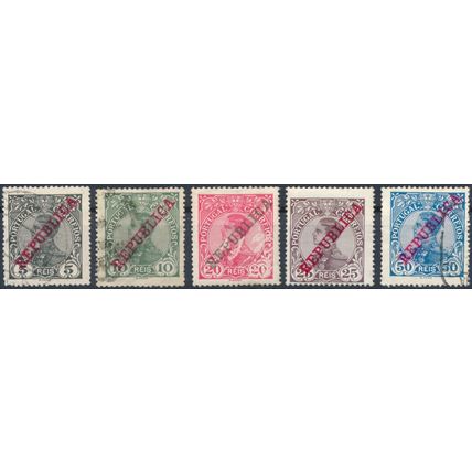 King Manuel I optd Republica: 5 Values - Portugal 1910 - NM H & F H
