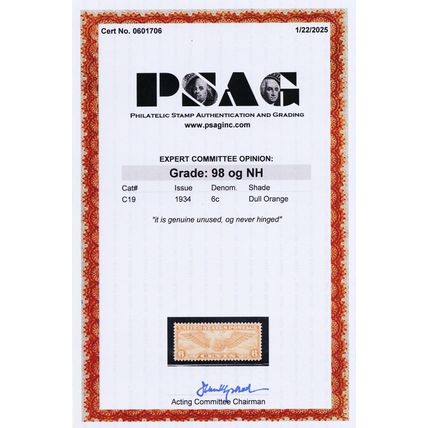 C19, Mint Superb NH 6¢ With Graded 98 PSAG Certificate _* Stuart Katz