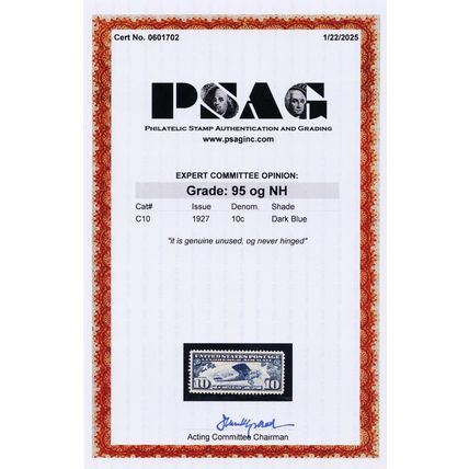 C10, Mint XF NH 10¢ With Graded 95 PSAG Certificate * Stuart Katz