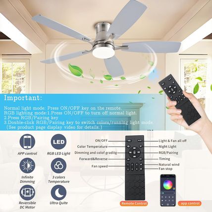 Ceiling Fans with Lights, 54Inch RGB Low Profile Ceiling Fan with Light and Remo