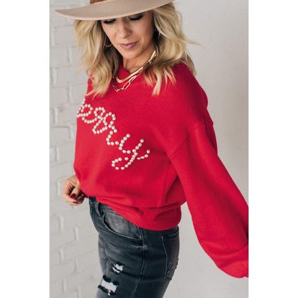 Fiery Red Pearl Beaded Merry Casual Sweater