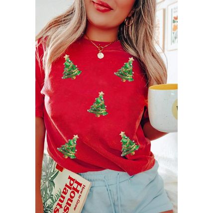 Red Sequined Christmas Tree Graphic Crewneck T Shirt