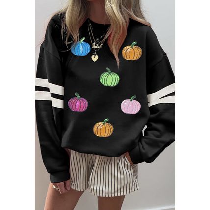 Black Multicolored Sequin Pumpkin Oversized Varsity Sweatshirt