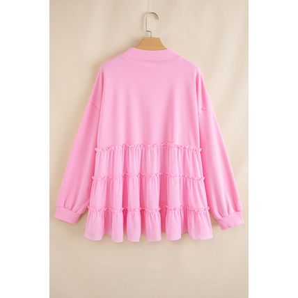 Pink Tiered Ruffle Ribbed Crew Neck Pullover Plus Size Top