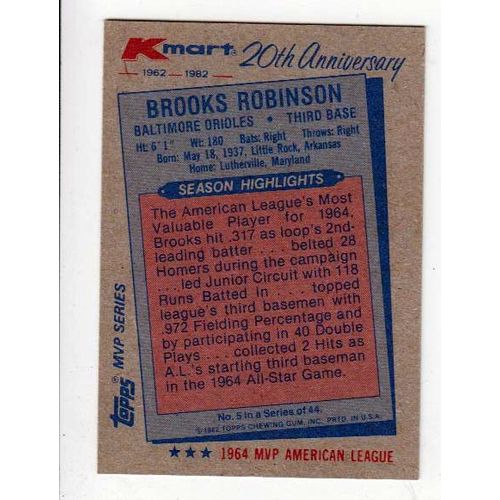 1982 Kmart Brooks Robinson baseball card #5 -NM- Orioles- Oddball