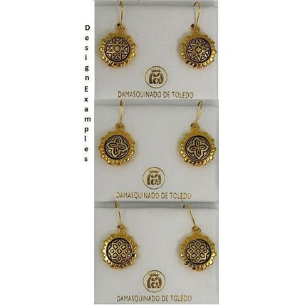 Damascene Gold Eight Point Star Design Round Earrings by Midas of Toledo Spain