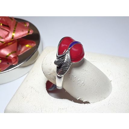Estate Red & Blue Enamel Sterling Silver 925 WJ Leaf S-6 Ring #16684