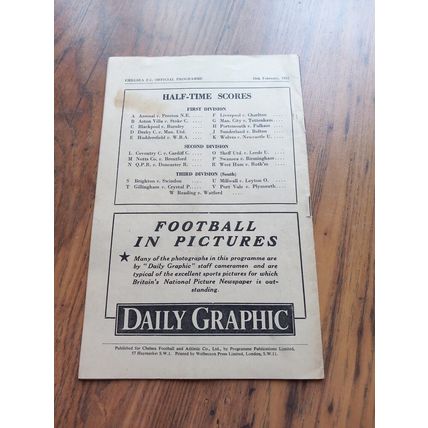 1951/52 Chelsea vs Middlesbrough, Division 1, 16/2/1952 ** FREE P&P **