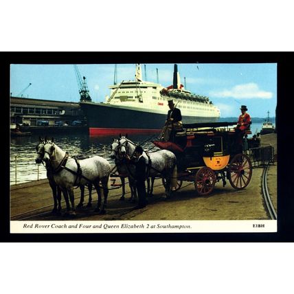 LS3797 - Cunard Liner - Queen Elizabeth 2 & Red Rover's Coach & Horses. postcard