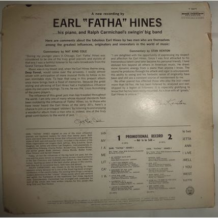 Earl "Fatha" Hines - Promo LP, Mono Capitol Records ‎– T-1971, 1963