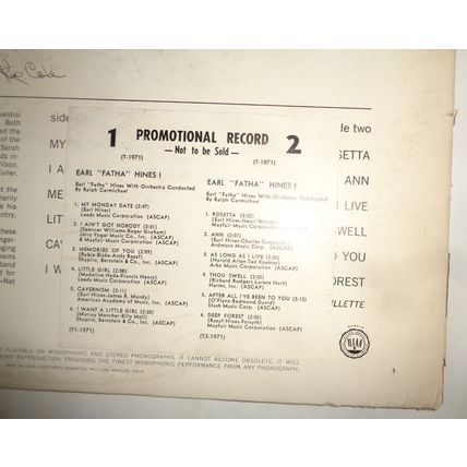 Earl "Fatha" Hines - Promo LP, Mono Capitol Records ‎– T-1971, 1963