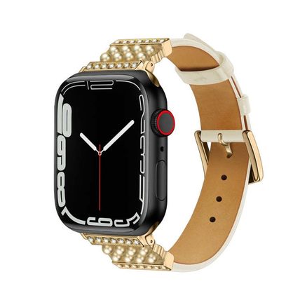 Pearl Diamond Leather Watch Band For Apple Watch Series, 7 41mm / 6&SE&5&4 40mm